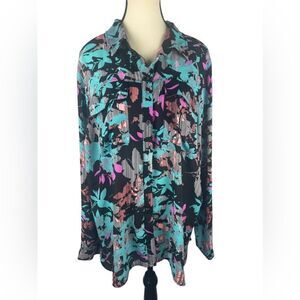 Boutique Women Multi-Color Button Up Long Sleeve Blouse W/ Front Pockets Size:1X